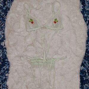 Mesh w/ ruffles bows & cherries mint lingerie one piece lingerie sz medium